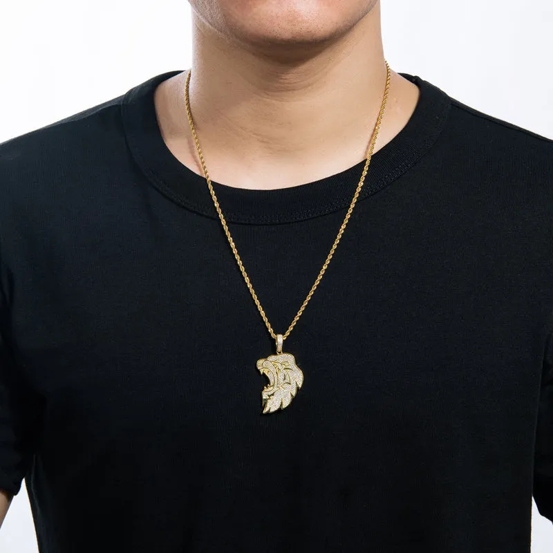 Created Diamond Lion Long Chain Hip Hop Pendant Necklace