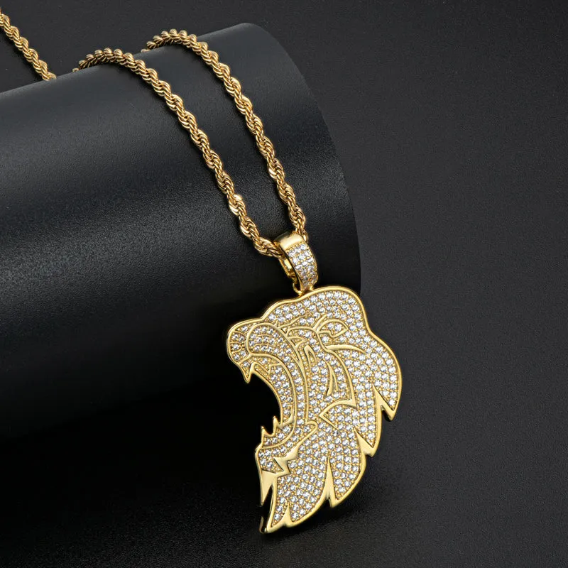 Created Diamond Lion Long Chain Hip Hop Pendant Necklace