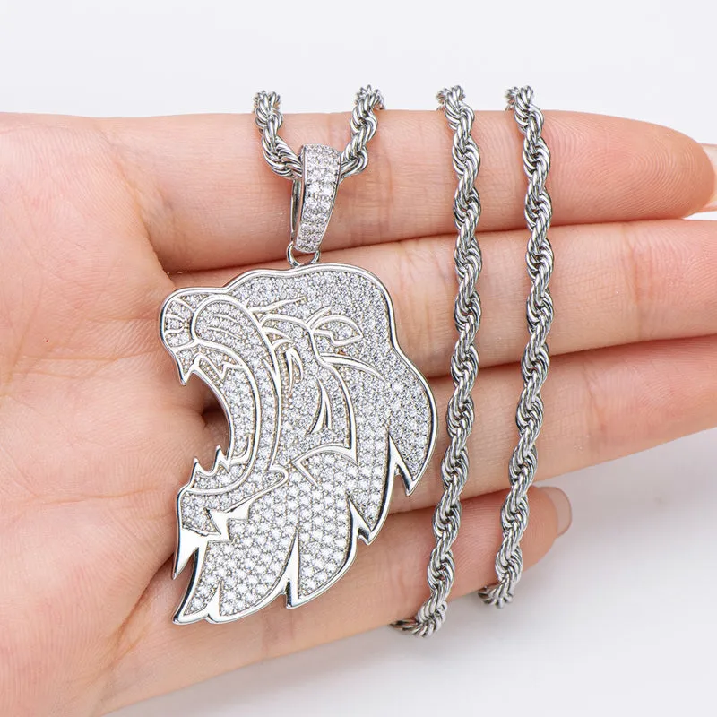 Created Diamond Lion Long Chain Hip Hop Pendant Necklace