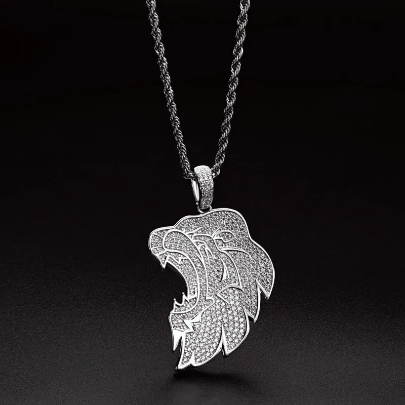 Created Diamond Lion Long Chain Hip Hop Pendant Necklace