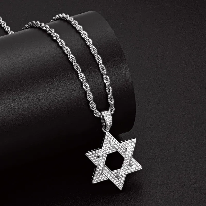Created Diamond Six-Pointed Star Hip Hop Pendant Necklace