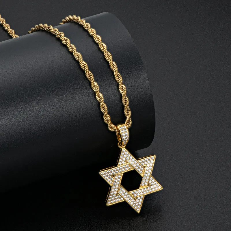 Created Diamond Six-Pointed Star Hip Hop Pendant Necklace