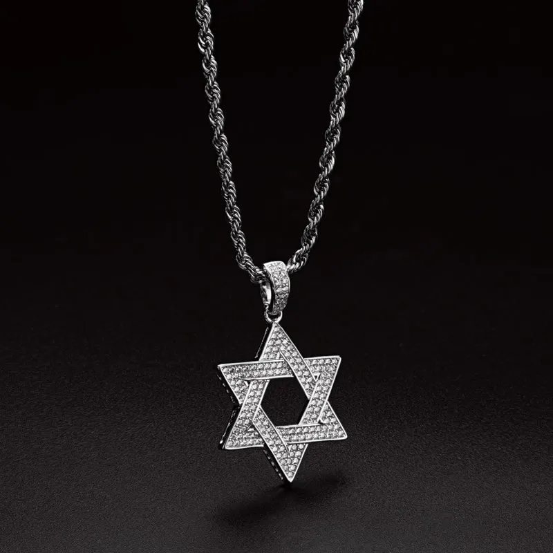 Created Diamond Six-Pointed Star Hip Hop Pendant Necklace