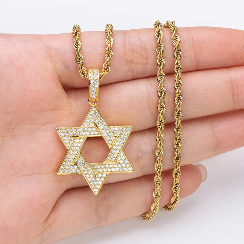 Created Diamond Six-Pointed Star Hip Hop Pendant Necklace