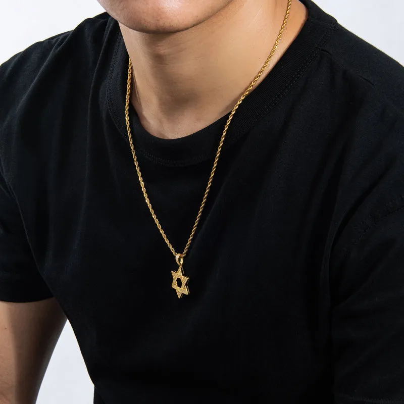 Created Diamond Six-Pointed Star Hip Hop Pendant Necklace