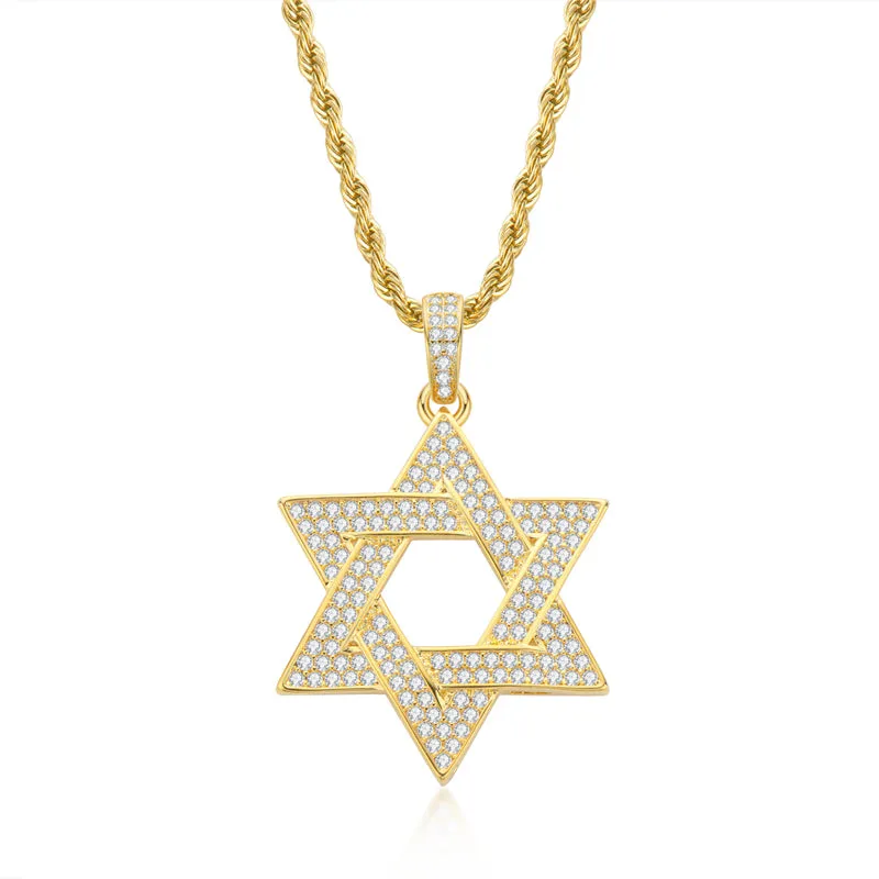Created Diamond Six-Pointed Star Hip Hop Pendant Necklace
