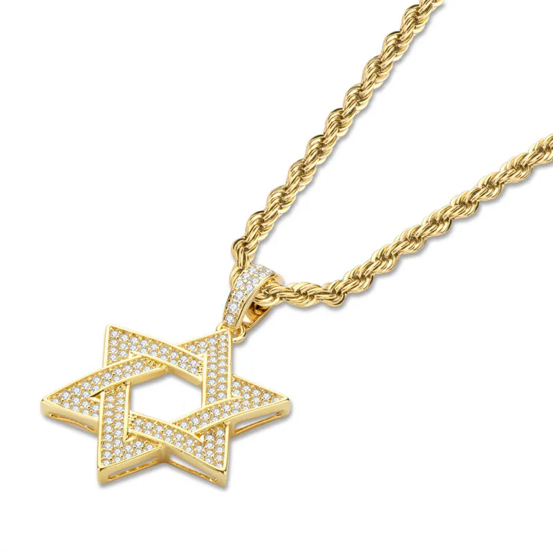 Created Diamond Six-Pointed Star Hip Hop Pendant Necklace