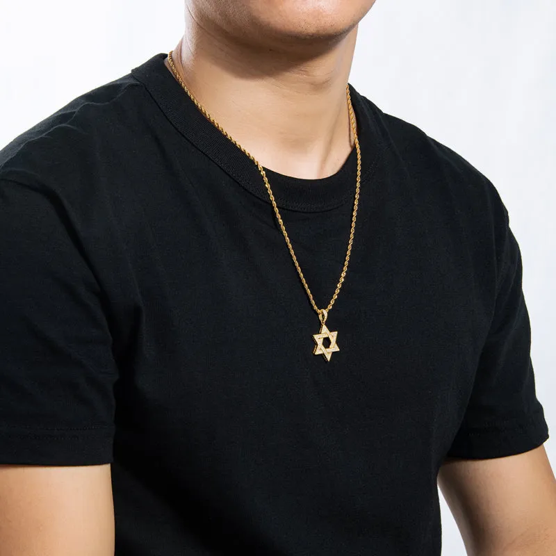 Created Diamond Six-Pointed Star Hip Hop Pendant Necklace