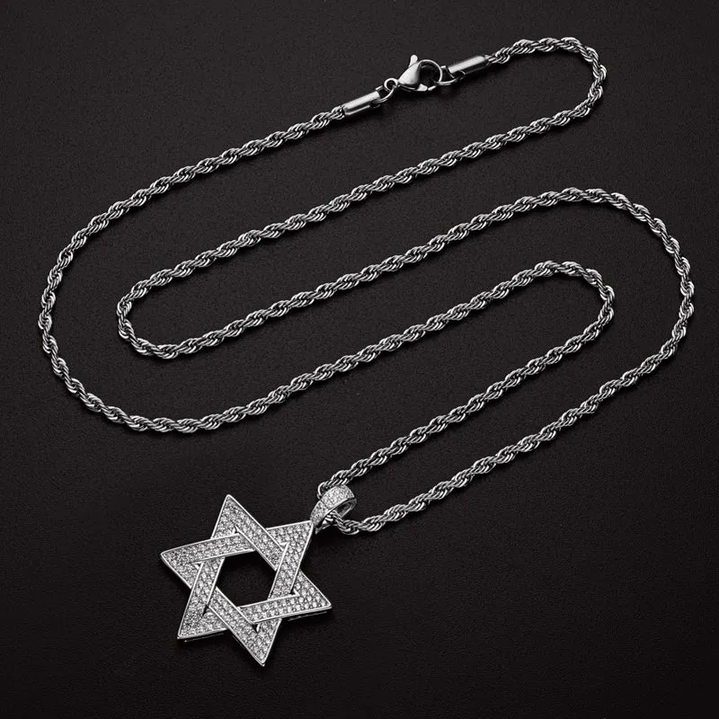 Created Diamond Six-Pointed Star Hip Hop Pendant Necklace