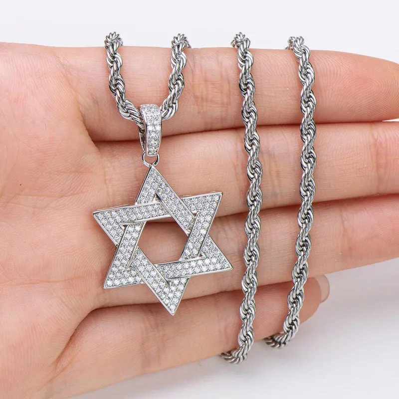 Created Diamond Six-Pointed Star Hip Hop Pendant Necklace