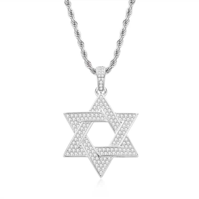 Created Diamond Six-Pointed Star Hip Hop Pendant Necklace