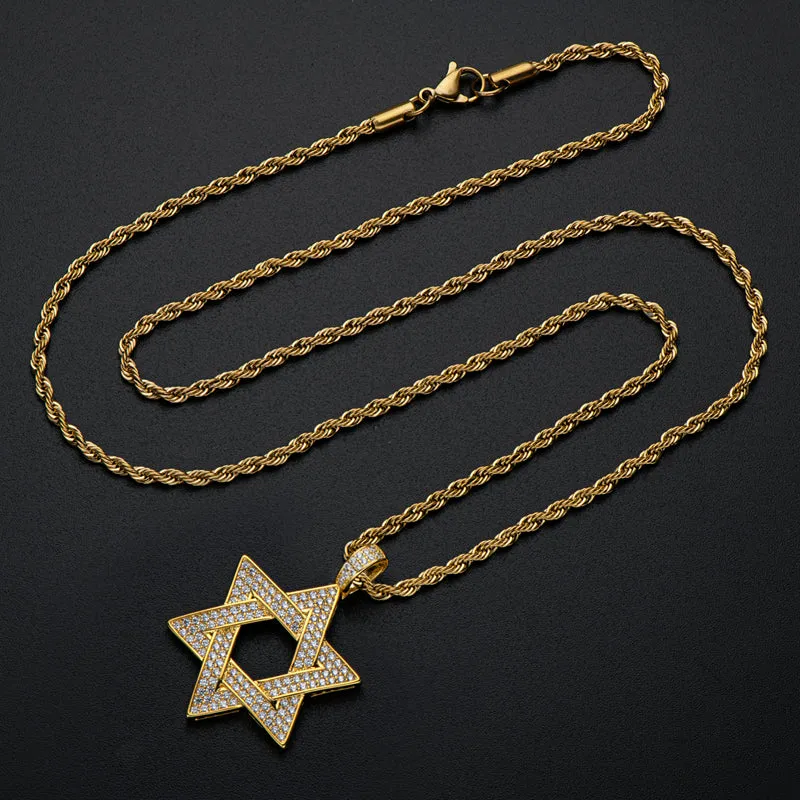 Created Diamond Six-Pointed Star Hip Hop Pendant Necklace