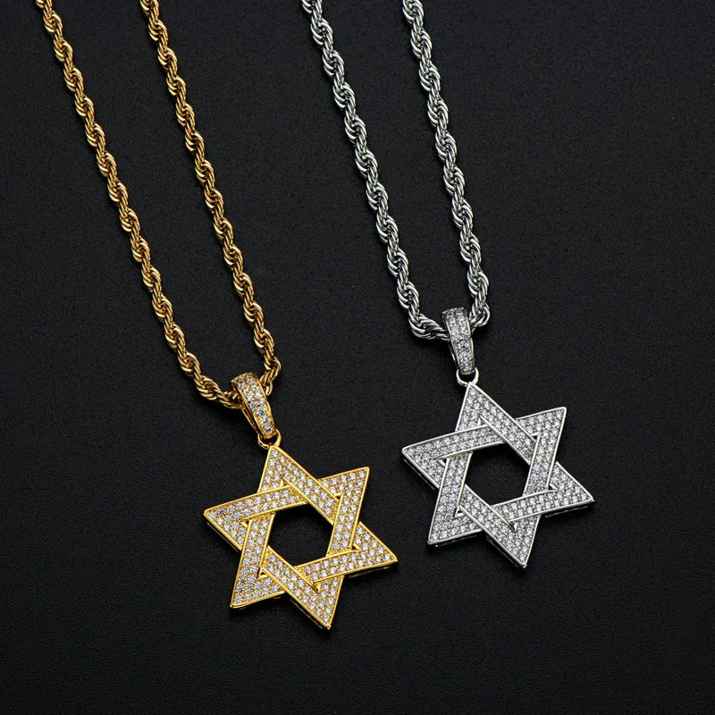Created Diamond Six-Pointed Star Hip Hop Pendant Necklace