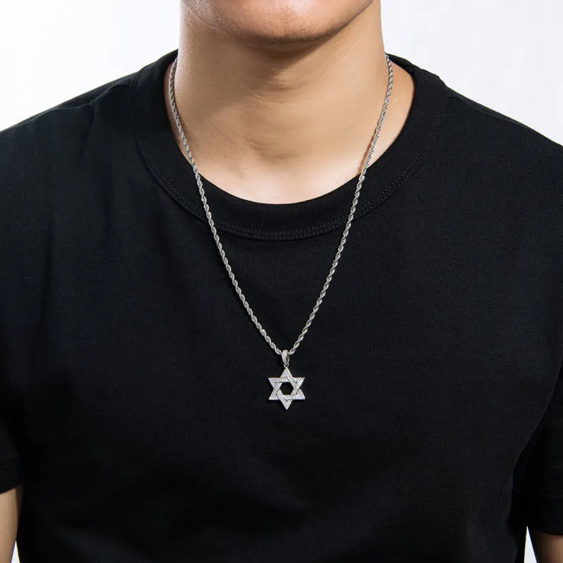 Created Diamond Six-Pointed Star Hip Hop Pendant Necklace