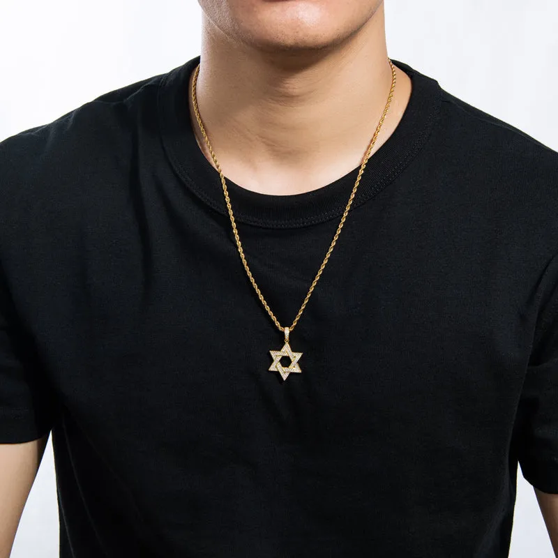 Created Diamond Six-Pointed Star Hip Hop Pendant Necklace