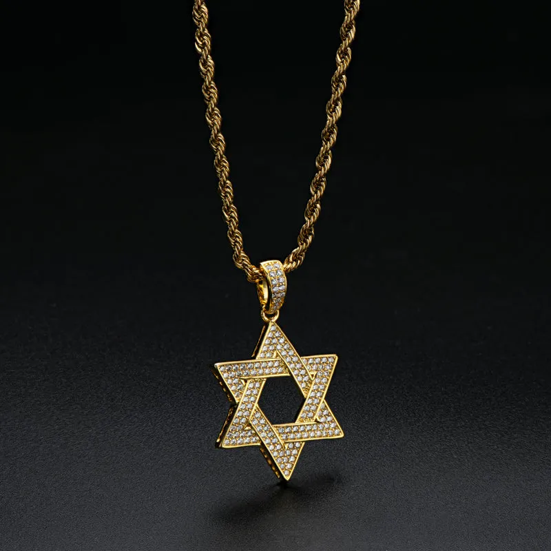 Created Diamond Six-Pointed Star Hip Hop Pendant Necklace
