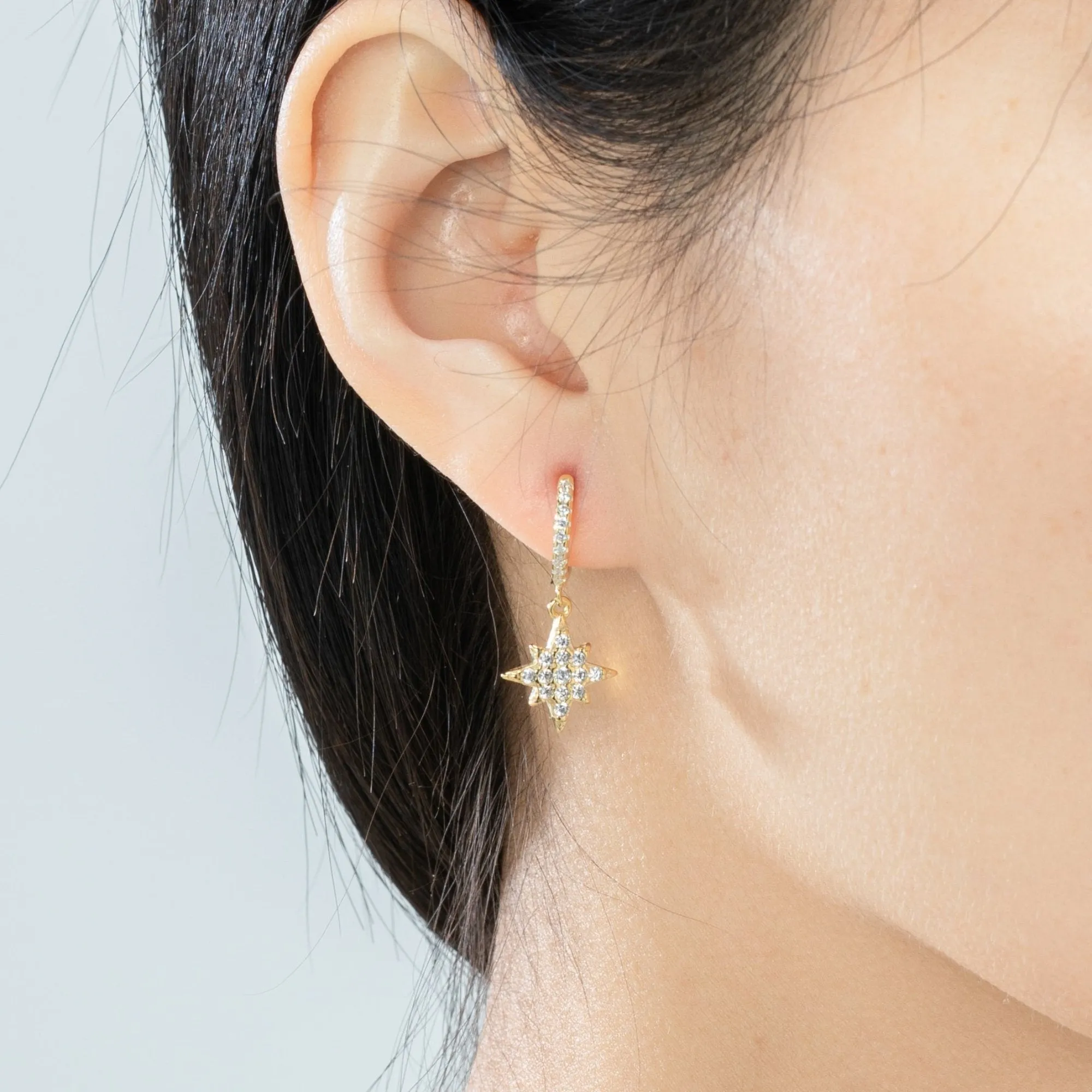 Crescent Moon & Star Crystal Dangle Hoop Earrings