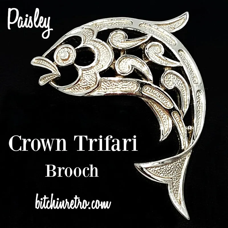 Crown Trifari Brooch Vintage Fish With Paisley or Mosaic Style
