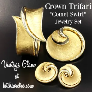 Crown Trifari Vintage Comet Swirl Bracelet Brooch and Earring Set