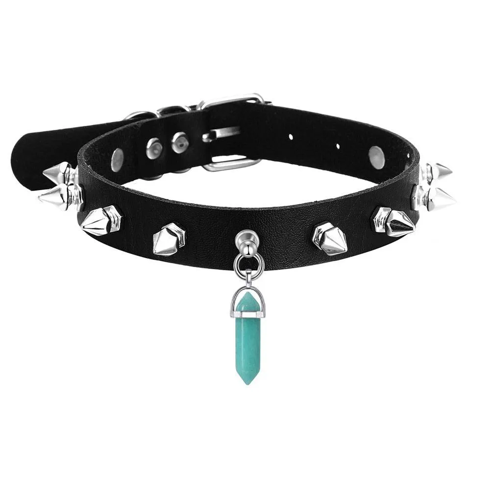 Crystal Choker Necklace Black Leather Spiked Chocker Collar