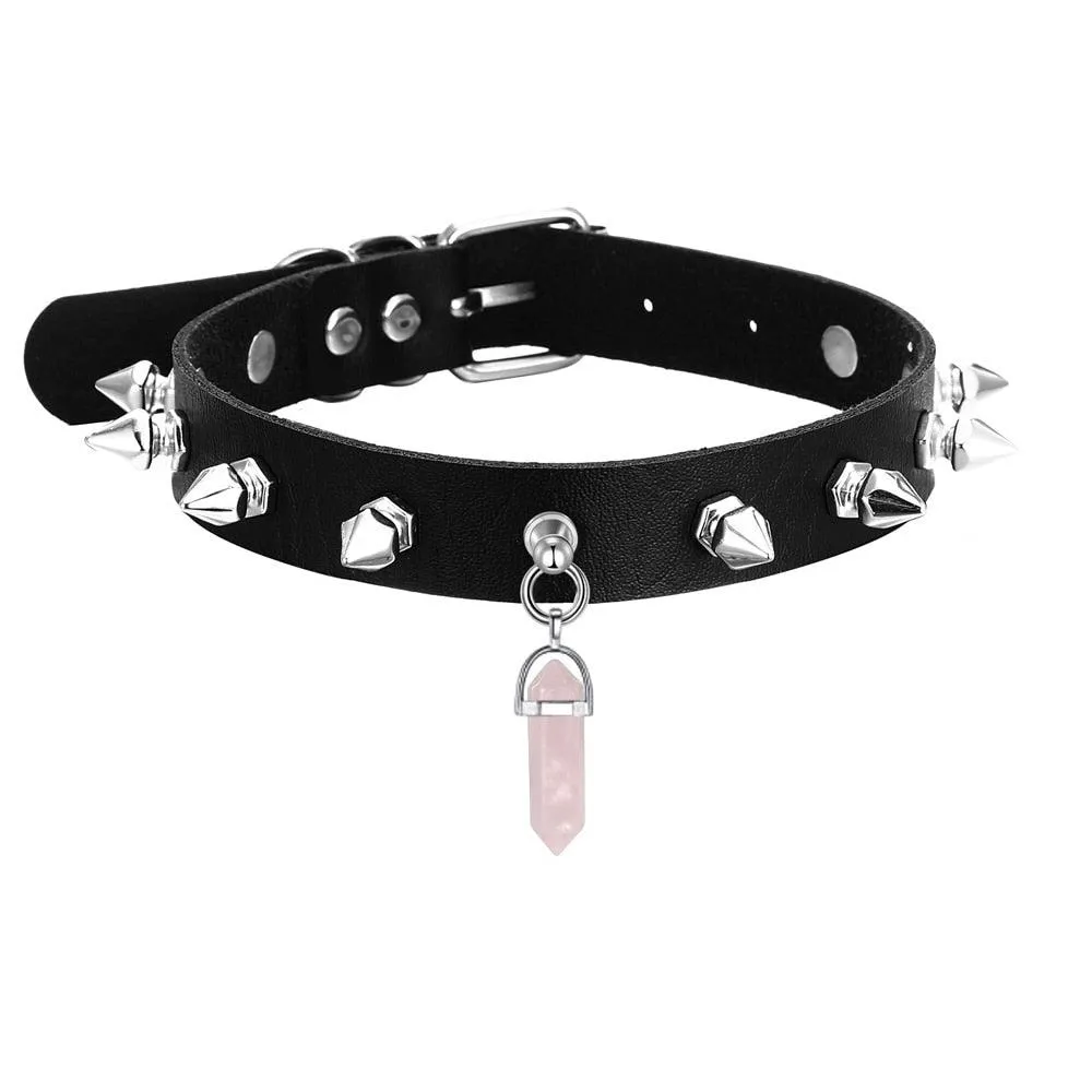 Crystal Choker Necklace Black Leather Spiked Chocker Collar