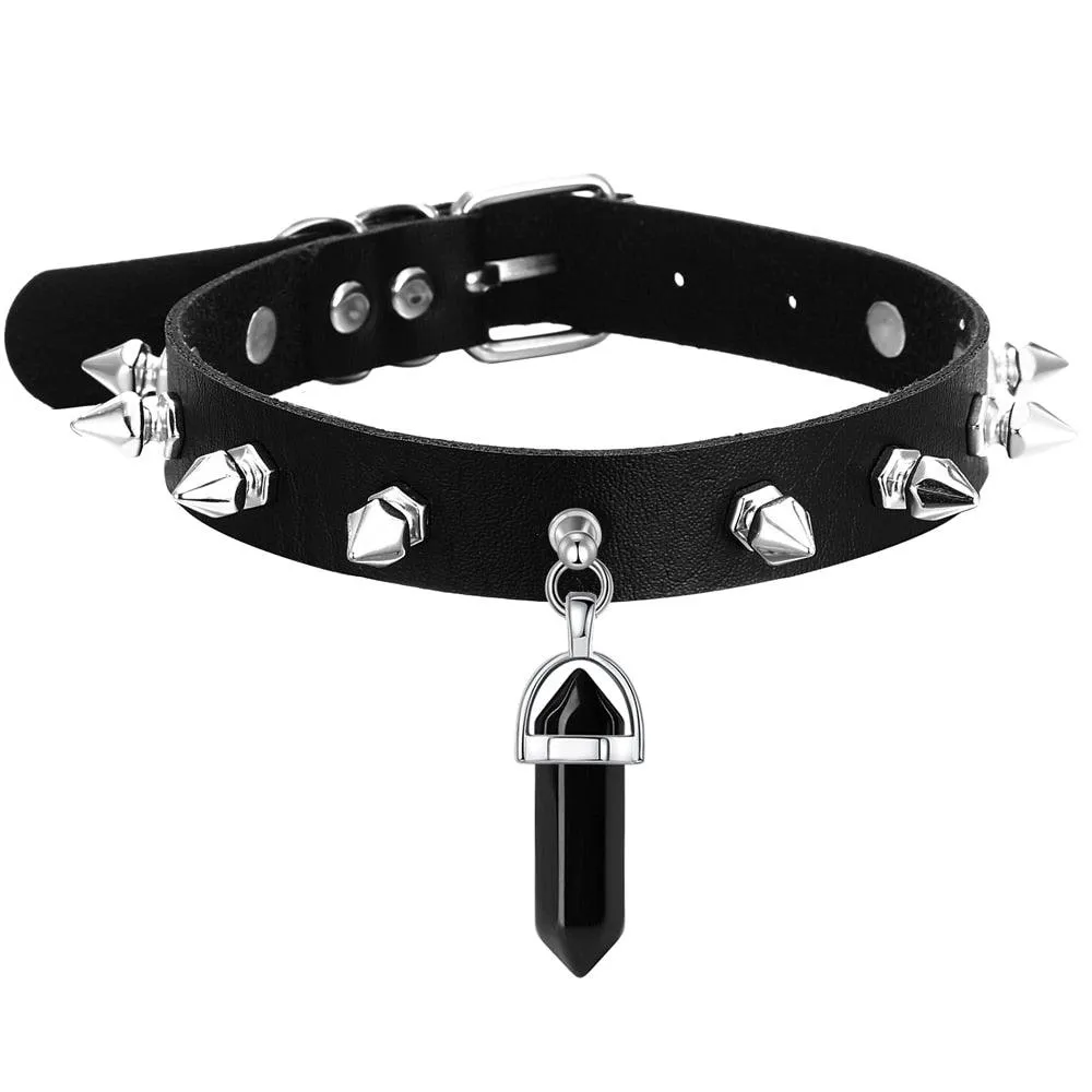 Crystal Choker Necklace Black Leather Spiked Chocker Collar