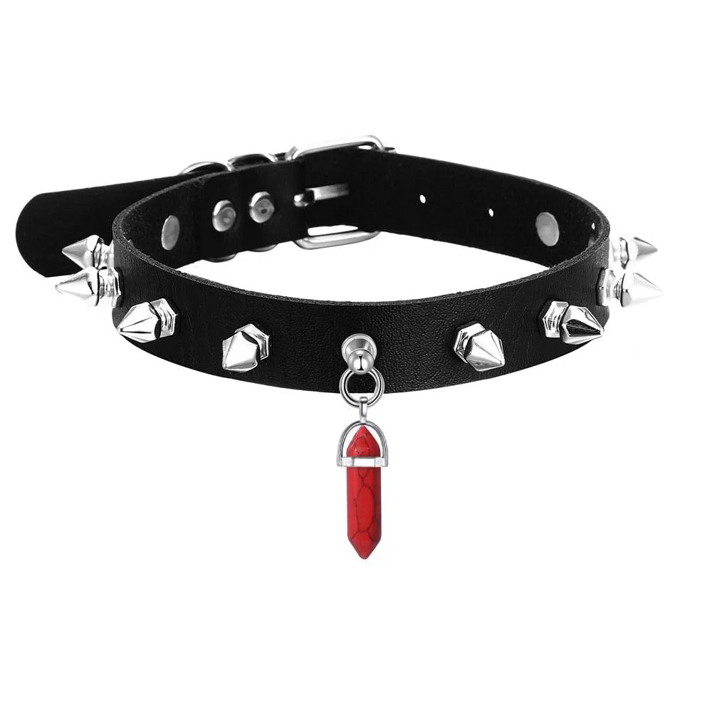 Crystal Choker Necklace Black Leather Spiked Chocker Collar