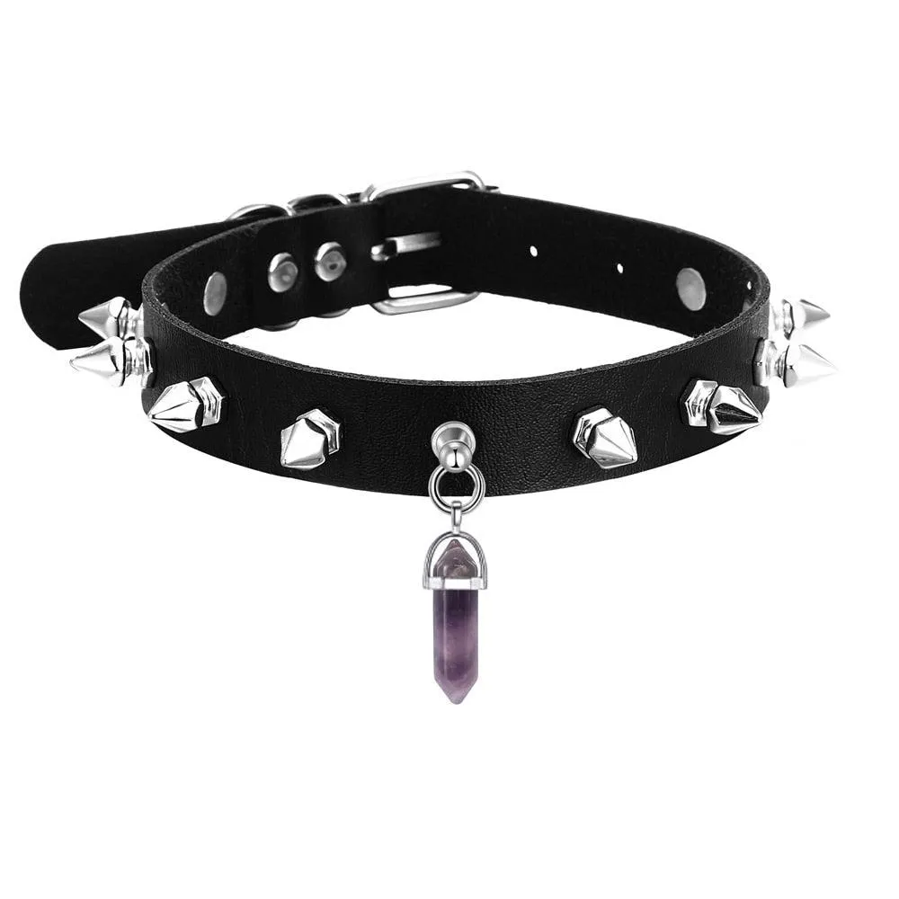 Crystal Choker Necklace Black Leather Spiked Chocker Collar