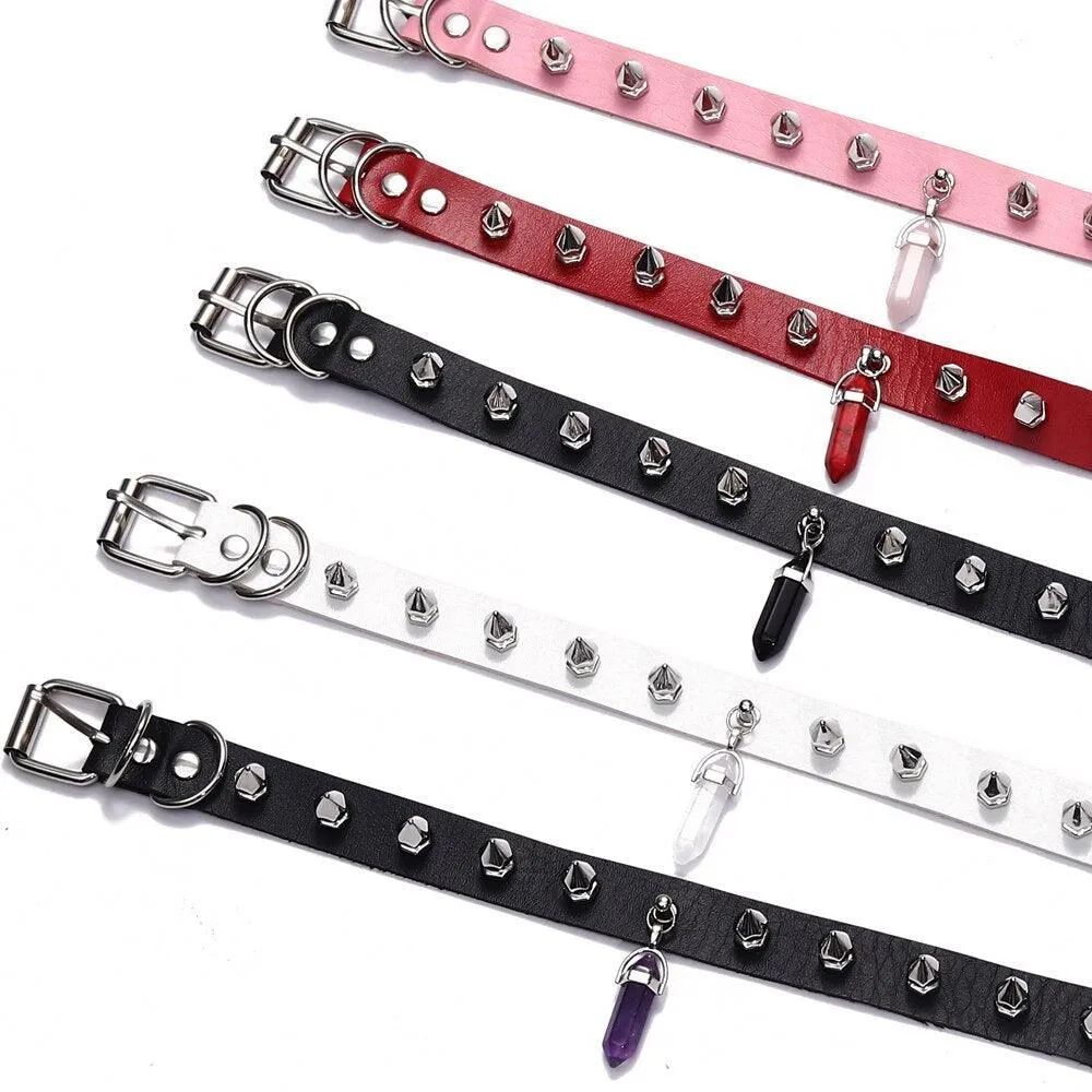 Crystal Choker Necklace Black Leather Spiked Chocker Collar