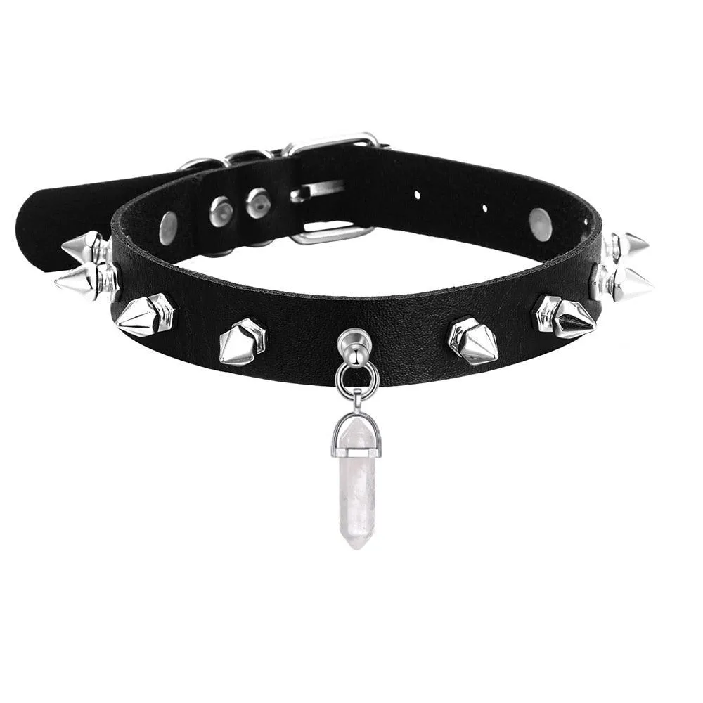 Crystal Choker Necklace Black Leather Spiked Chocker Collar