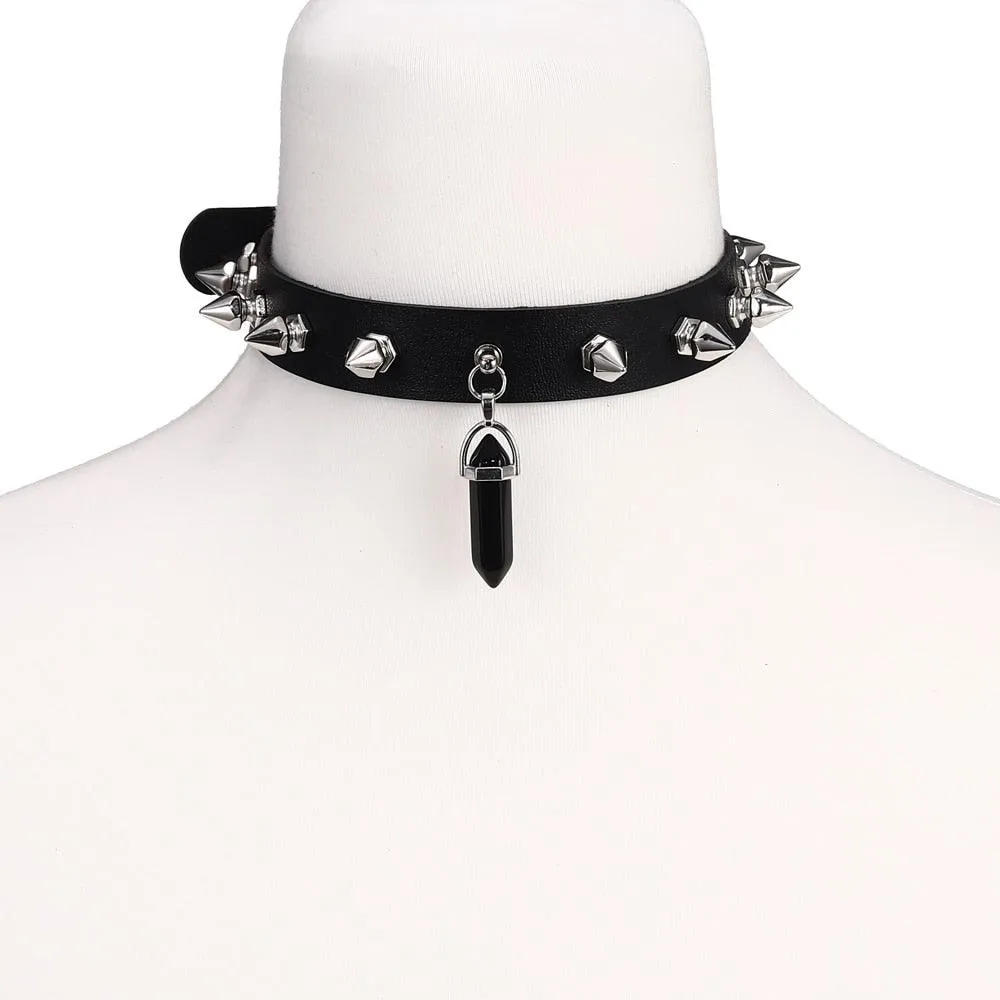 Crystal Choker Necklace Black Leather Spiked Chocker Collar