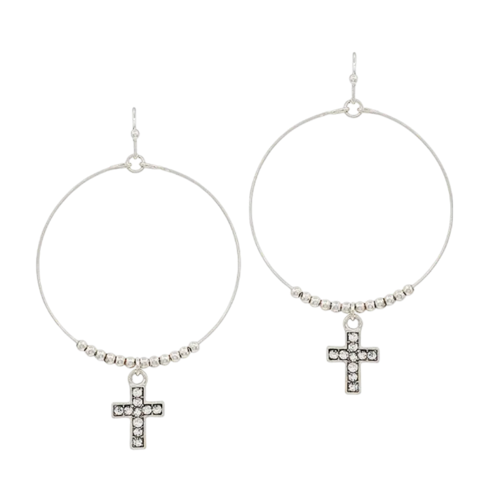 Crystal Cross Earrings -Silver