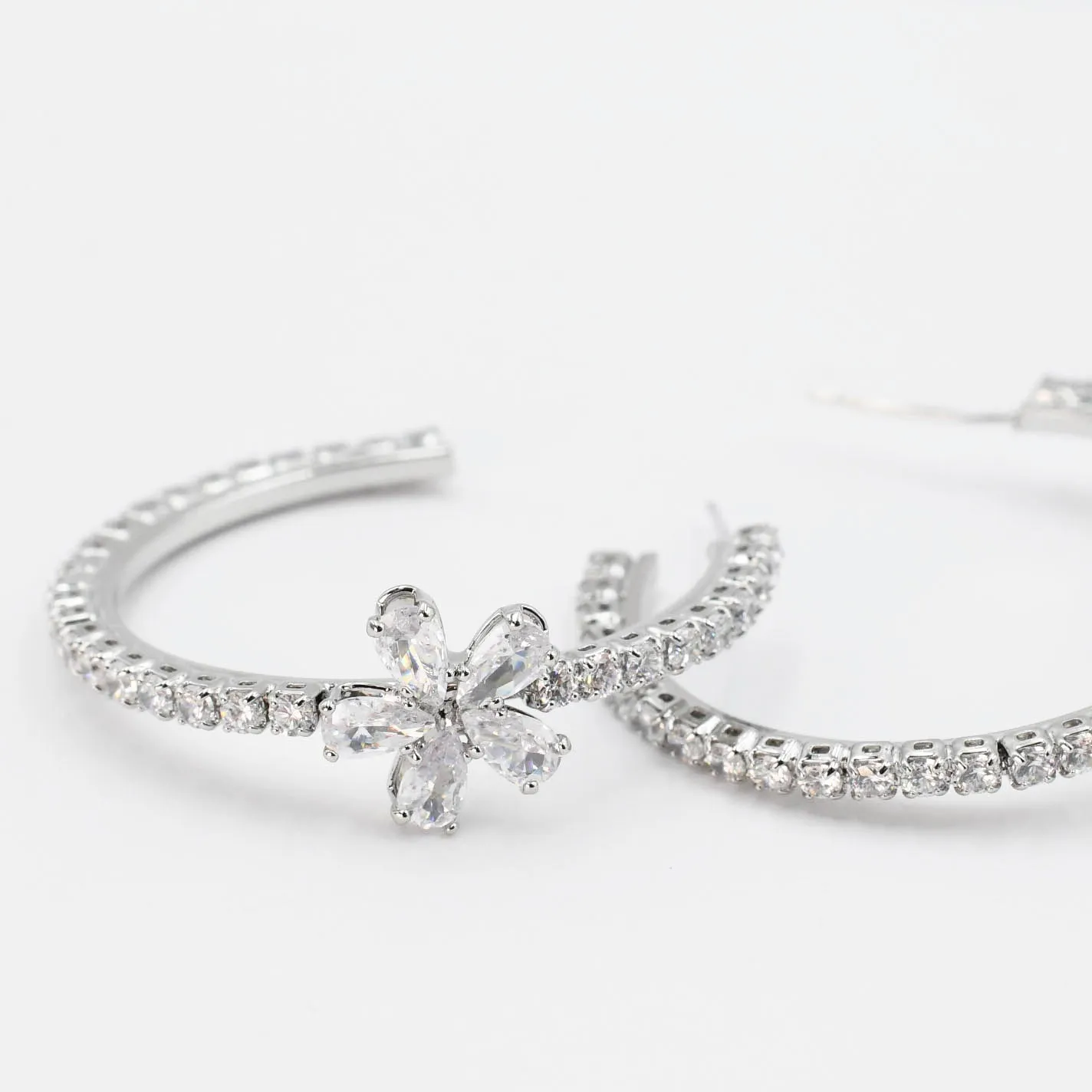 Crystal Flower Hoop Silver F16