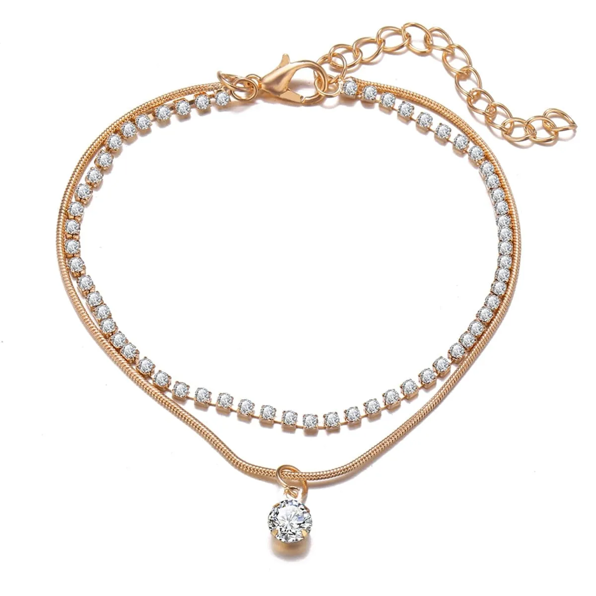 Cubic Zirconia & 18K Gold-Plated Layer Anklet