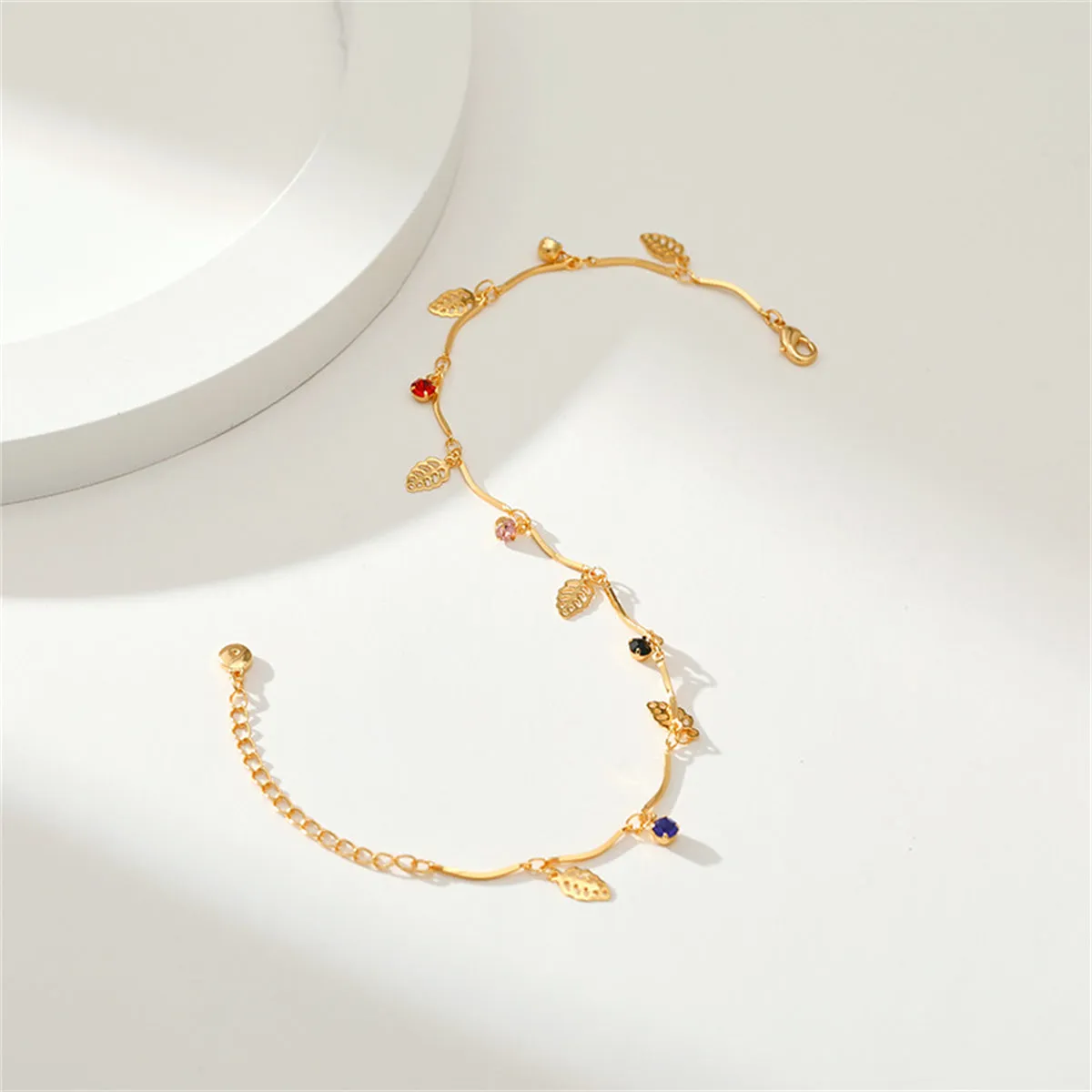 Cubic Zirconia & 18K Gold-Plated Leaves Station Anklet