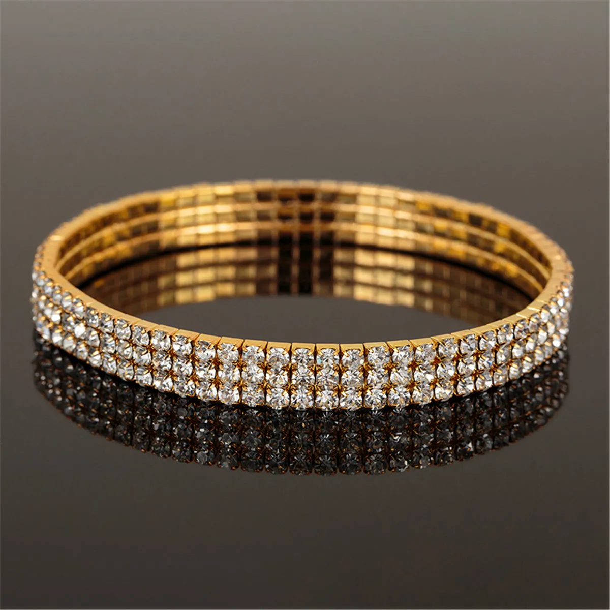 Cubic Zirconia & 18K Gold-Plated Three-Layer Stretch Anklet