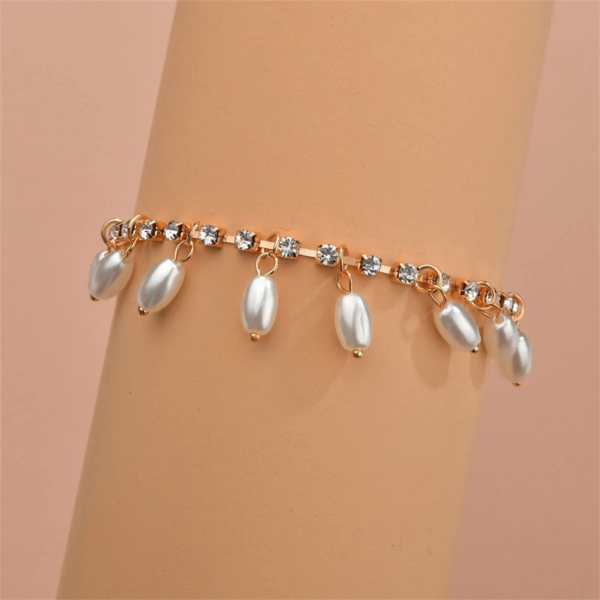 Cubic Zirconia & Pearl 18K Gold-Plated Tassel Anklet