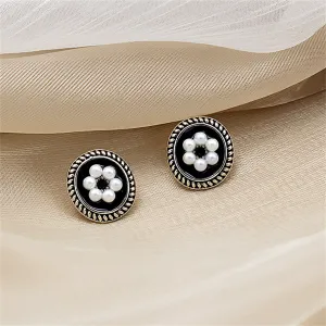 Cubic Zirconia & Pearl Enamel Silver-Plated Flower Stud Earrings