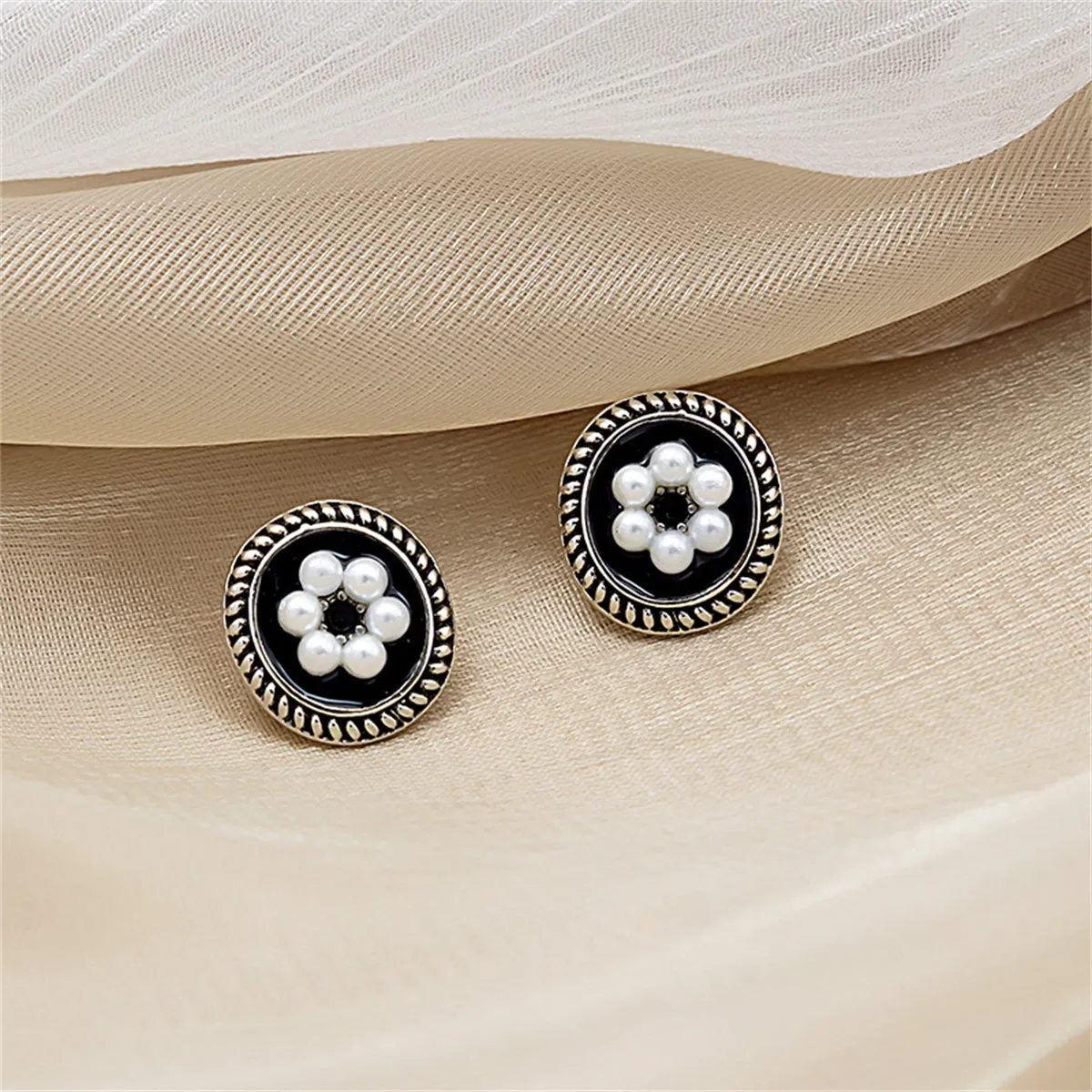 Cubic Zirconia & Pearl Enamel Silver-Plated Flower Stud Earrings