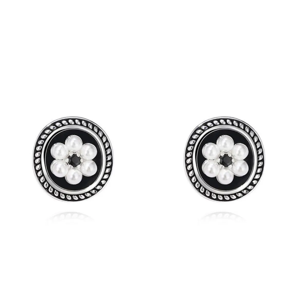 Cubic Zirconia & Pearl Enamel Silver-Plated Flower Stud Earrings
