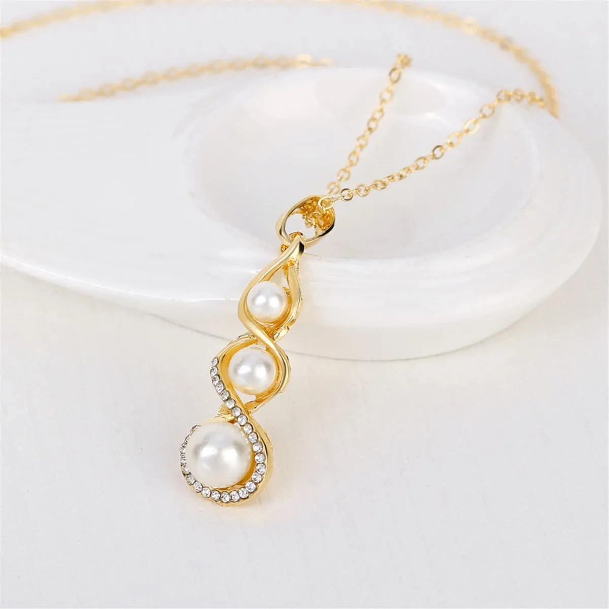 Cubic Zirconia & Pearl Twisted Drop Earrings & Pendant Necklace