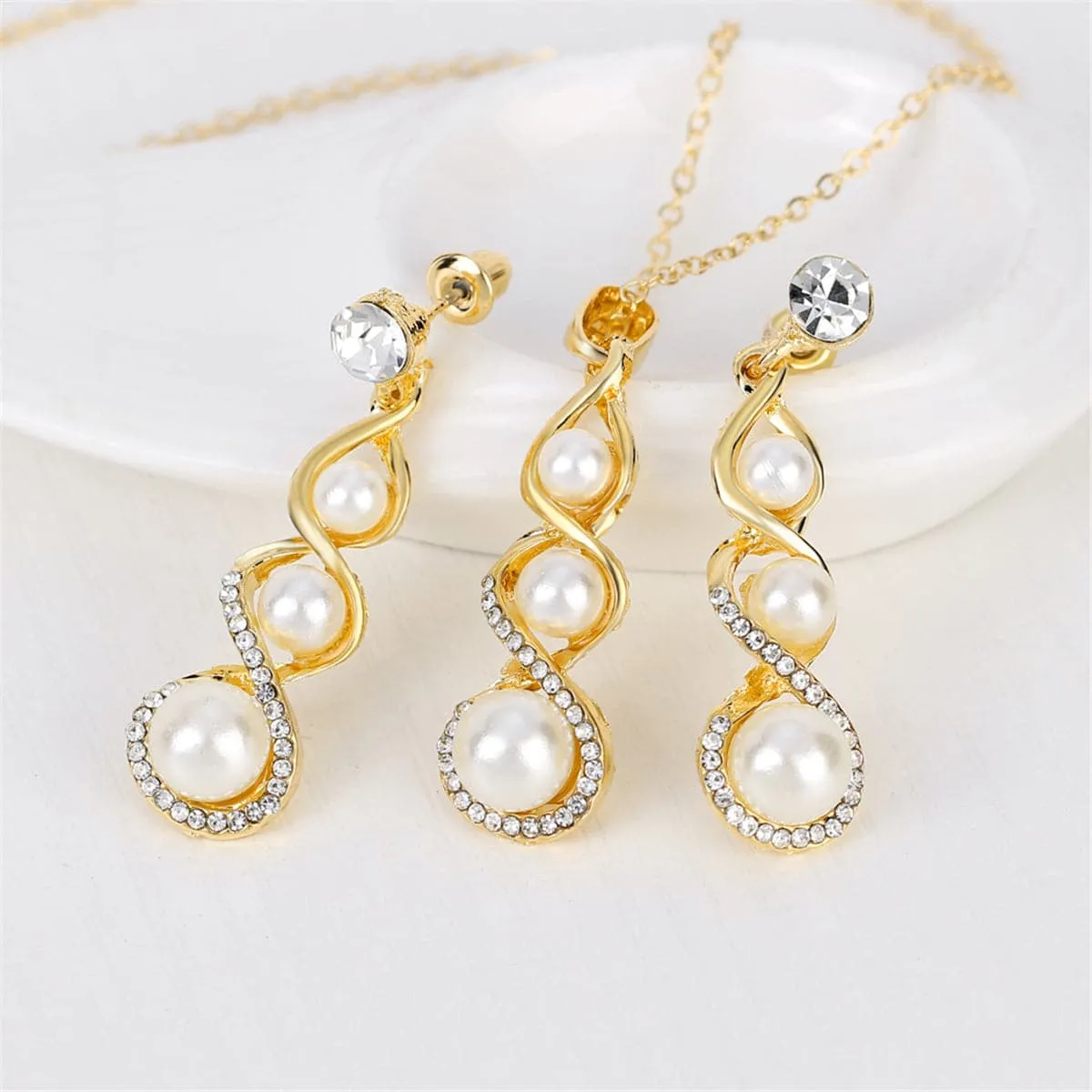 Cubic Zirconia & Pearl Twisted Drop Earrings & Pendant Necklace