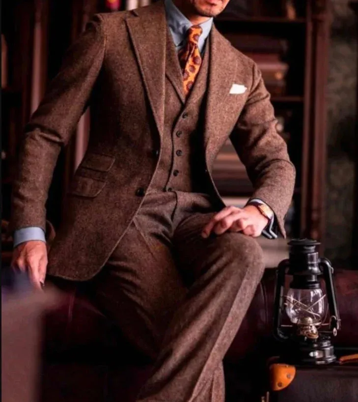 Custom Men's Brown Wool Three-Piece Suit | Wedding & Engagement Brown Suit