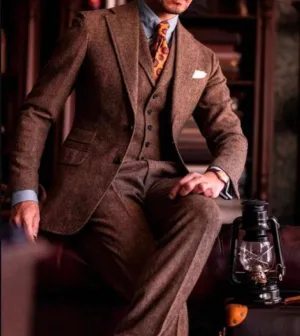 Custom Men's Brown Wool Three-Piece Suit | Wedding & Engagement Brown Suit