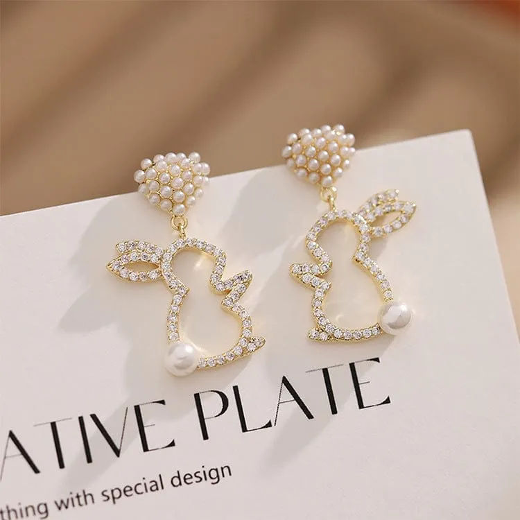 Cute CZ Inlaid Dangling Pearl Heart Rabbit Earrings