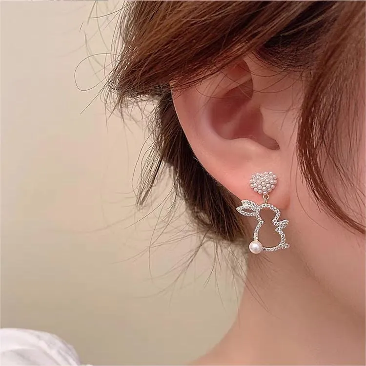 Cute CZ Inlaid Dangling Pearl Heart Rabbit Earrings
