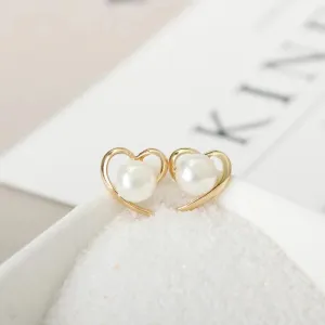 Dainty Gold Accented Heart Pearl Stud Earrings