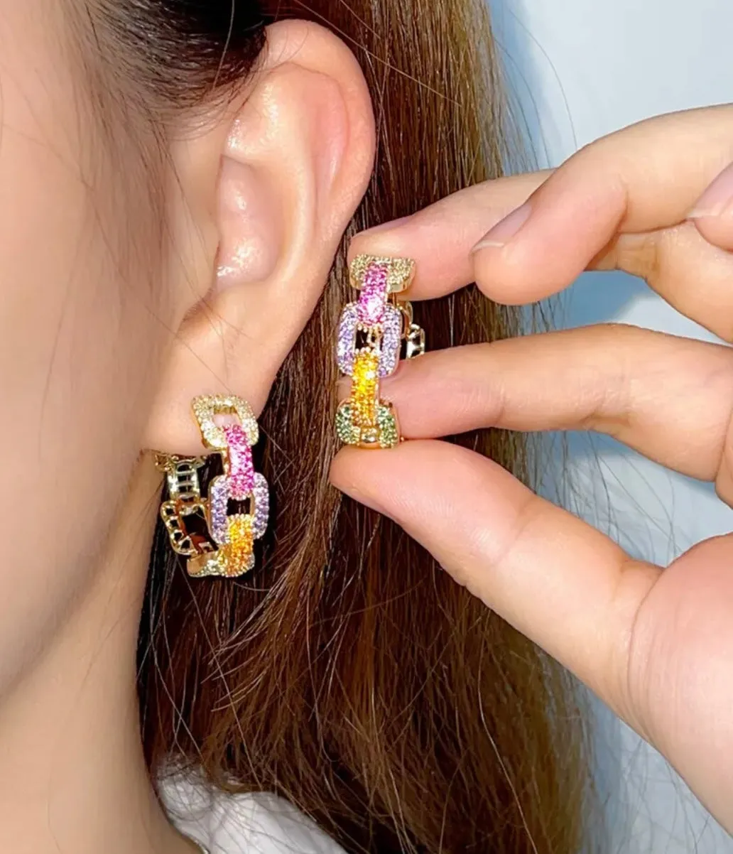 Dazzling Multi-Color Pave Crystal Cuban Chain Link Hoops Earrings 1.0”