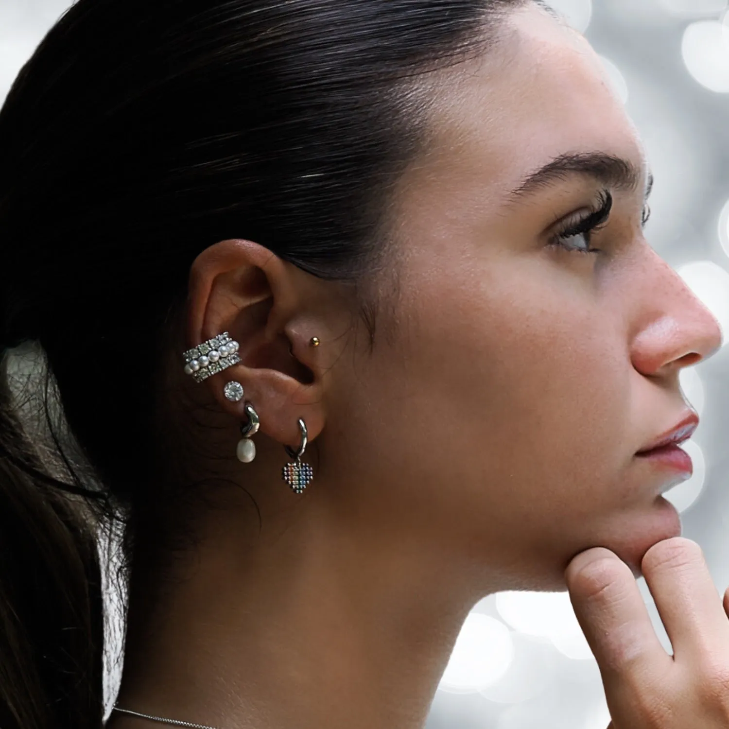 Diamond & Pearl Silver Cuff Earring