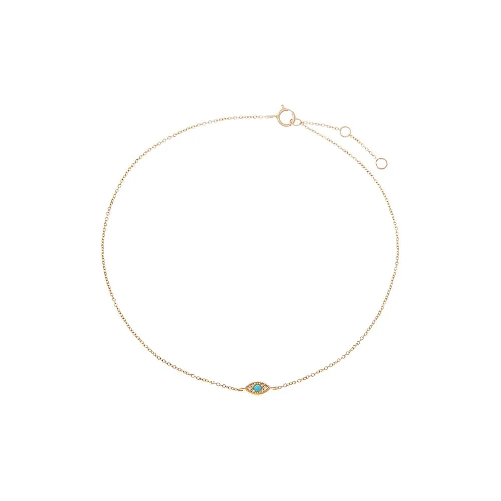 Diamond Pave X Turquoise Evil Eye Anklet 14K